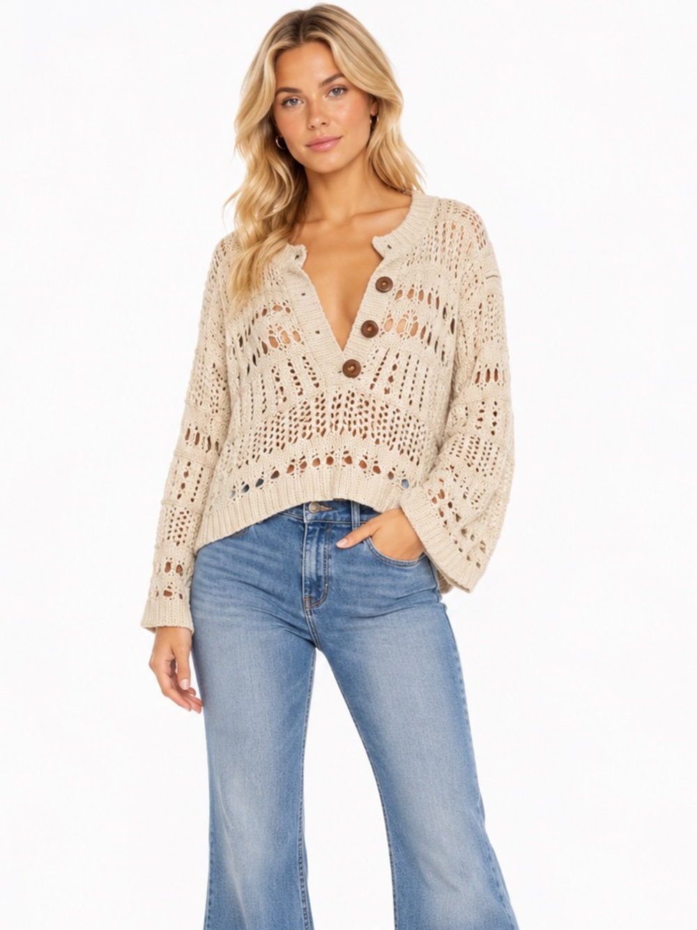 Free People Size Large Beige Open-Knit V-Neck Button Sweater